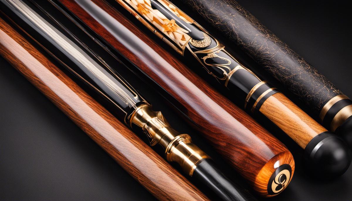 A close-up image of a variety of billiard cues with different designs and materials.
