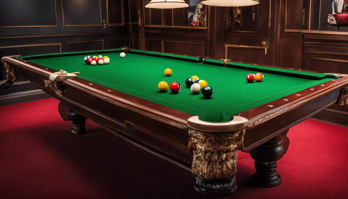 An image displaying a billiards table with colorful balls placed strategically on the green baize playing surface.
