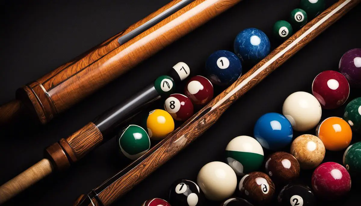 Image of various billiards cues displayed on a dark background