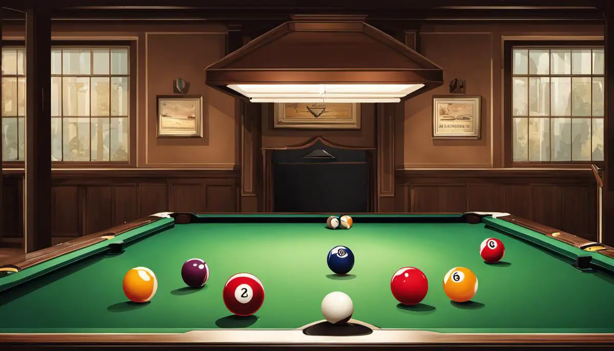 Illustration showing a pool table with labeled pool balls, a cue stick, and a player aiming for a shot.